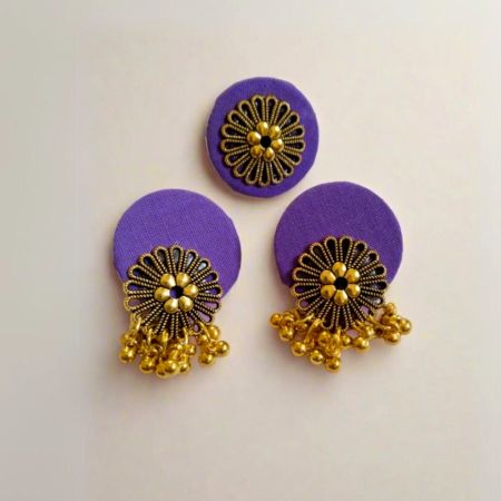 Purple Golden Round Studs Earrings With Adjustable Ring Set